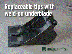 Animation of Caterpillar type tips being used on excavator bucket with underblade.