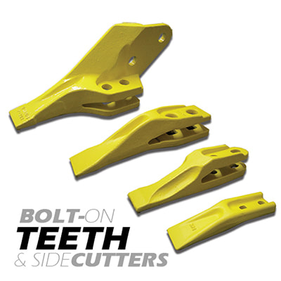 Bolt-on excavator bucket teeth with text 