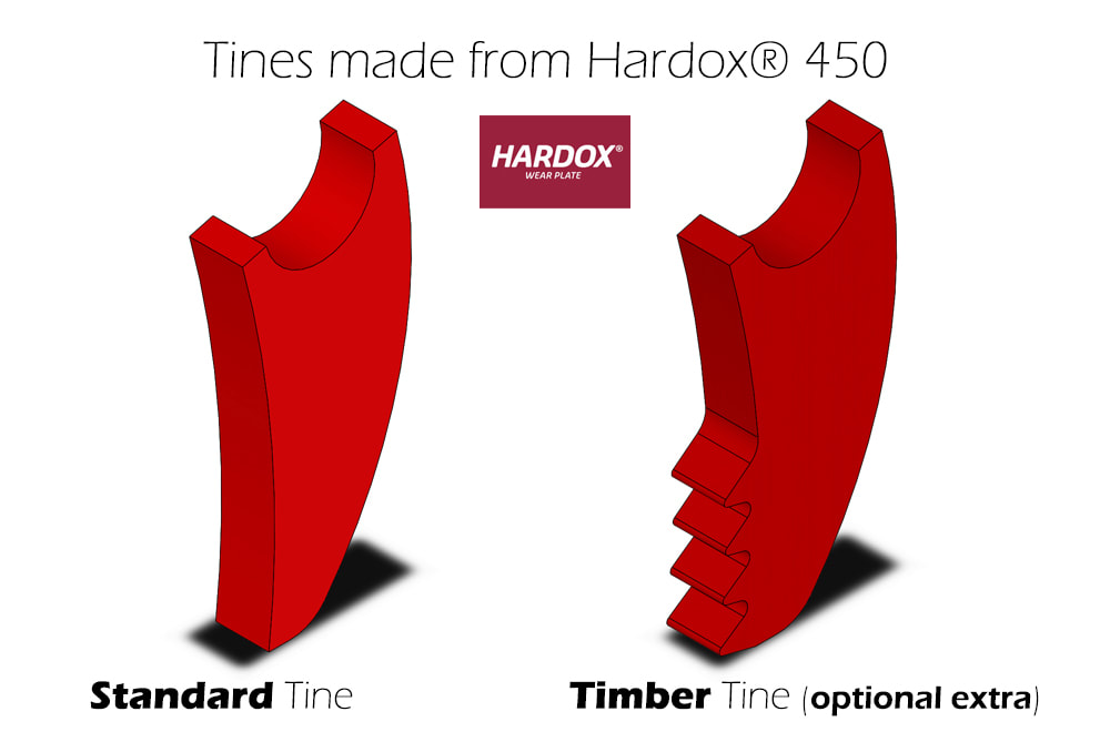 Hardox tine types; standard and timber style