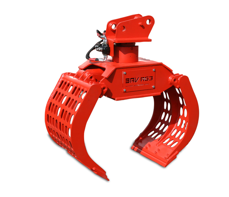 Excavator hydraulic Selector Grab attachment on white background.