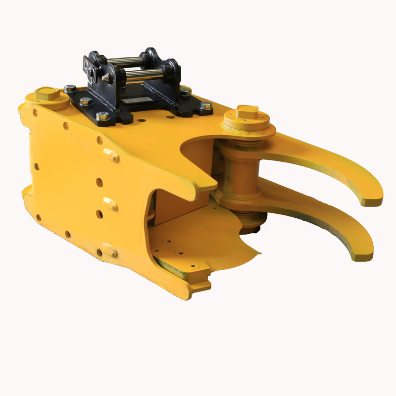 Excavator hydraulic Tree Shear Attachment on white background.