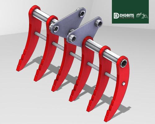 VOLVO EC55 48" (1200mm) wide Rake with 6 Hardox tines, for 4.0 to 5.9t mini diggers, made by Digbits