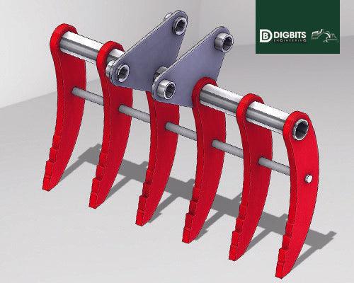 CASE CX90D 48" (1200mm) wide Rake with 6 Hardox tines, 6 to 9t midi excavators, made by Digbits