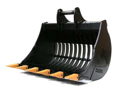 48" (1200mm) Ribbed Back Riddle Bucket, 75mm gaps, with 65mm pins for 10 to 14 tonne excavators - DIGBITS Limited